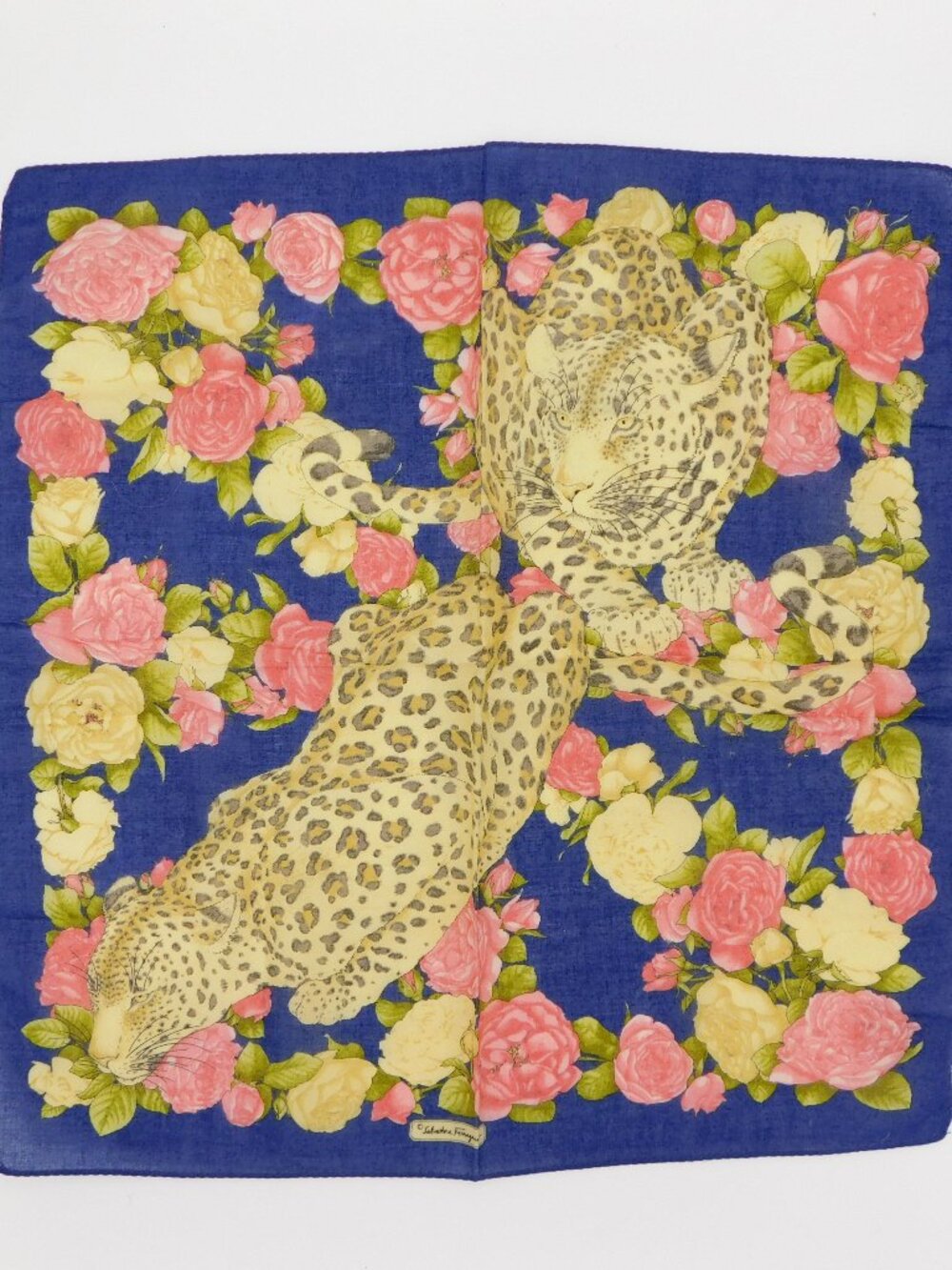 Ferragamo Blue Cotton Double Jaguar & Floral Scarf Handkerchief | Vintage | VGUC